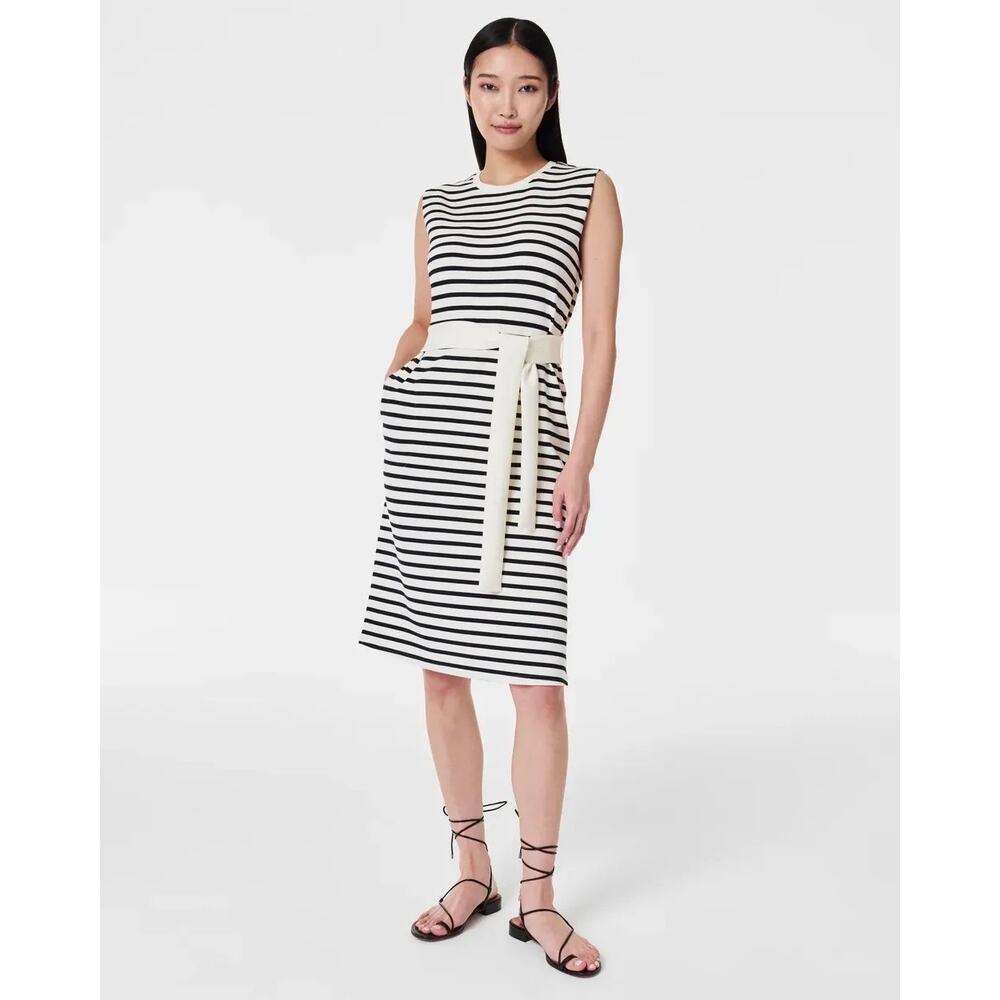 SPANX AirEssentials Tie Waist Striped Tank Dress Porcelain Deep Night Size Large